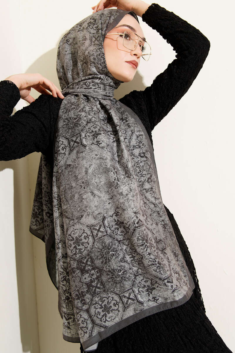 Batik Motifli Modal Şal Gri