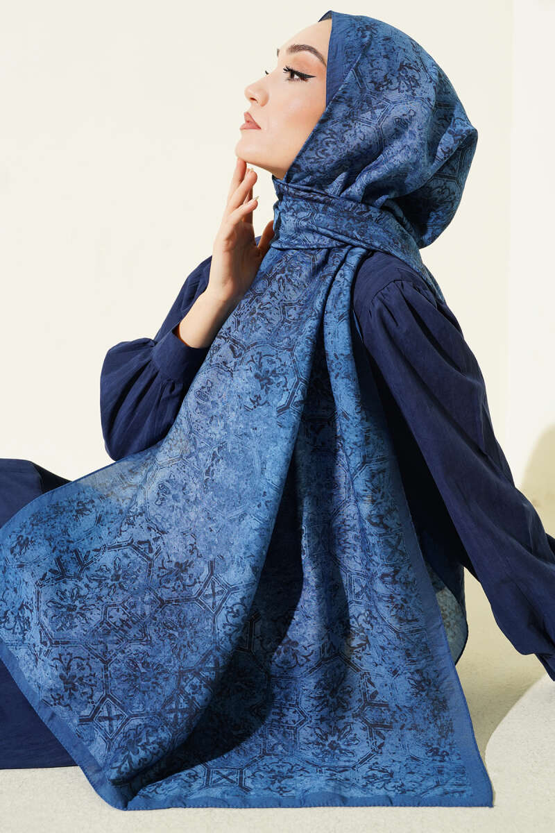 Batik Motifli Modal Şal İndigo