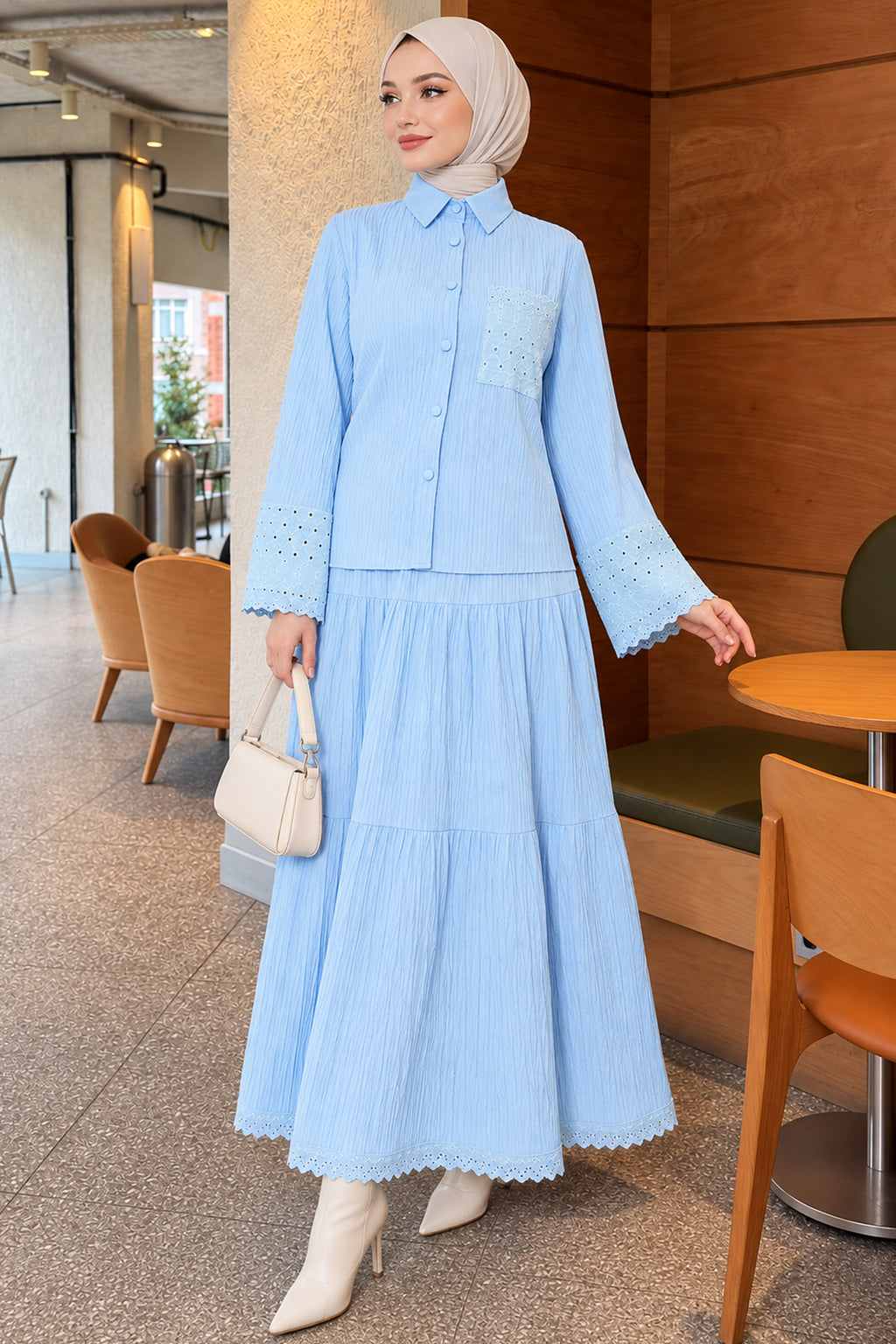 Crinkle Skirt Double Set with Pocket and Wrist Brodge