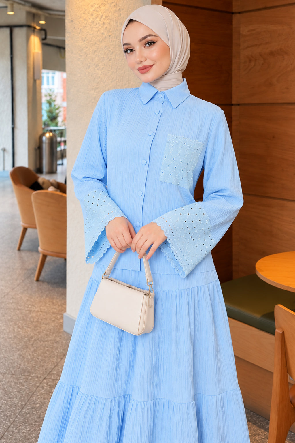 Crinkle Skirt Double Set with Pocket and Wrist Brodge