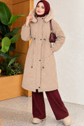 Quilted Waist Belt Fur Detailed Coat Beige