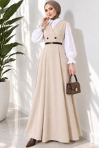 Vestido Jile con Cinturón y Cuello Cruzado Beige