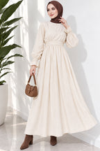 Vestido Beige con Encaje de Piedras, Bolsillos y Cintura Elástica