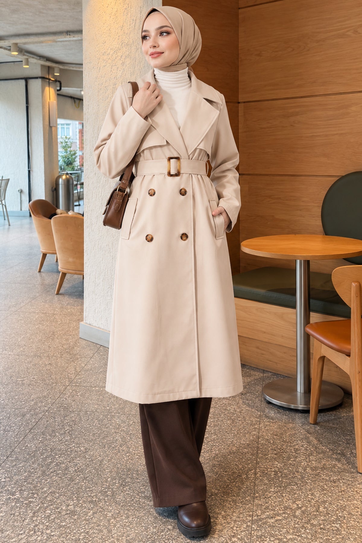 Cross Collar Pocketed Belted Trenchcoat Beige