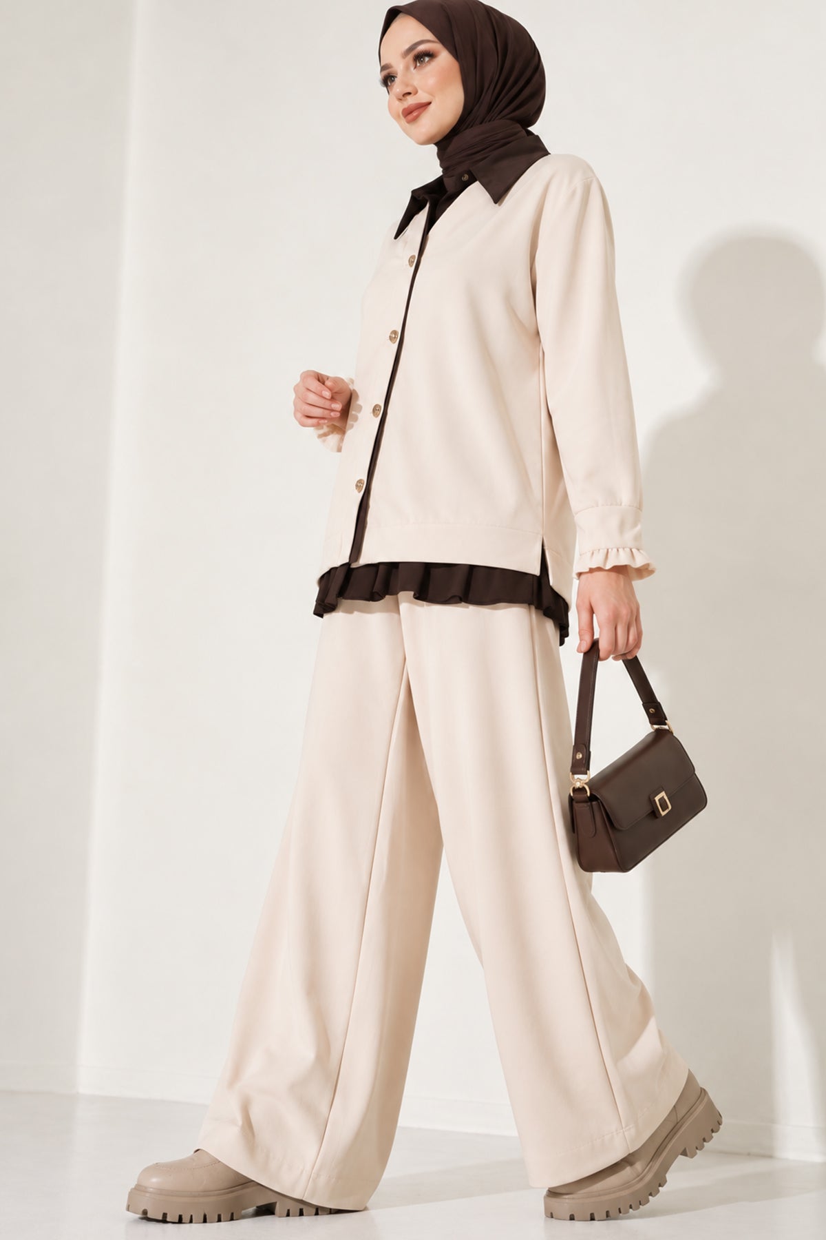 Pleated Detailed Gathered Two-Piece Set Beige