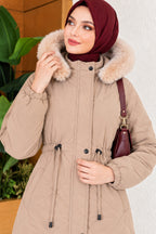 Quilted Waist Belt Fur Detailed Coat Beige