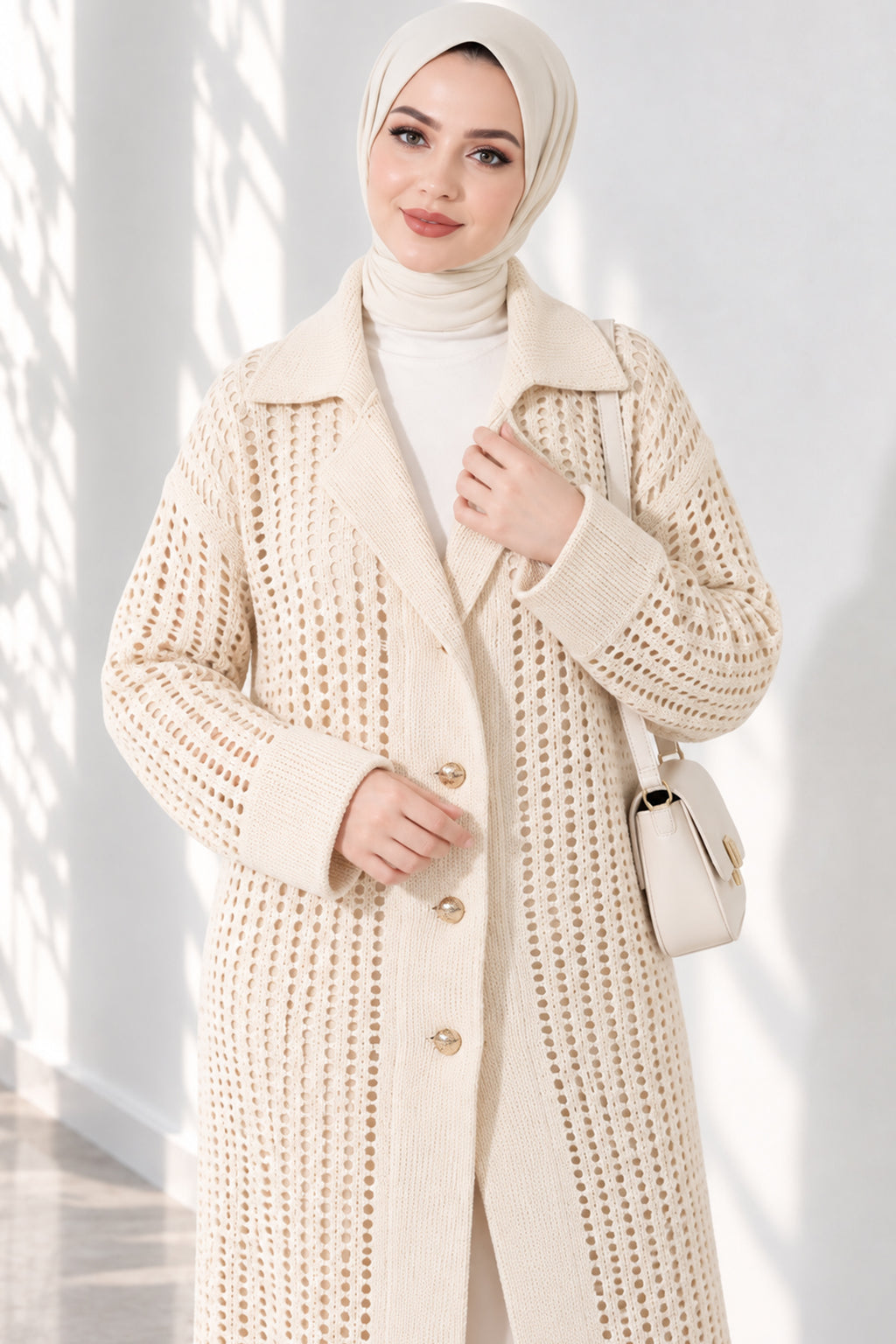 Openwork Button Detailed Knit Cardigan Beige