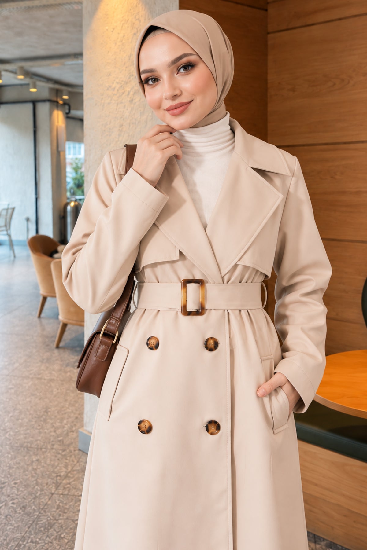 Cross Collar Pocketed Belted Trenchcoat Beige