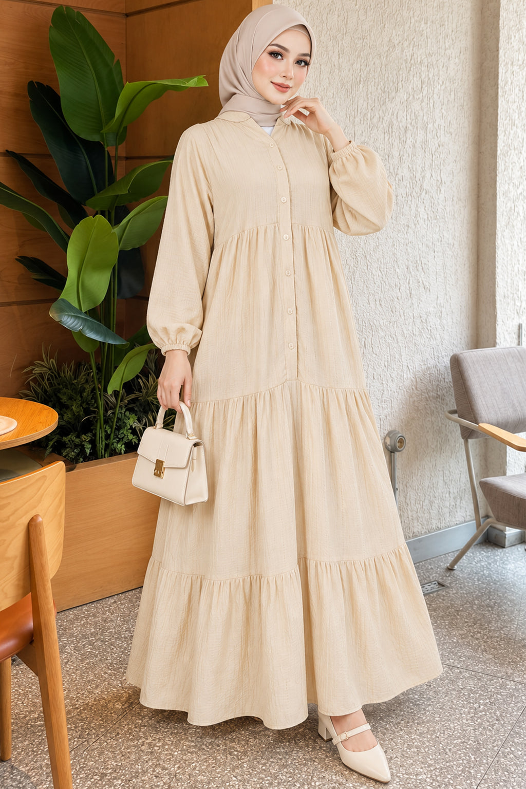 Vestido Beige con Abertura Frontal y Mangas Abullonadas