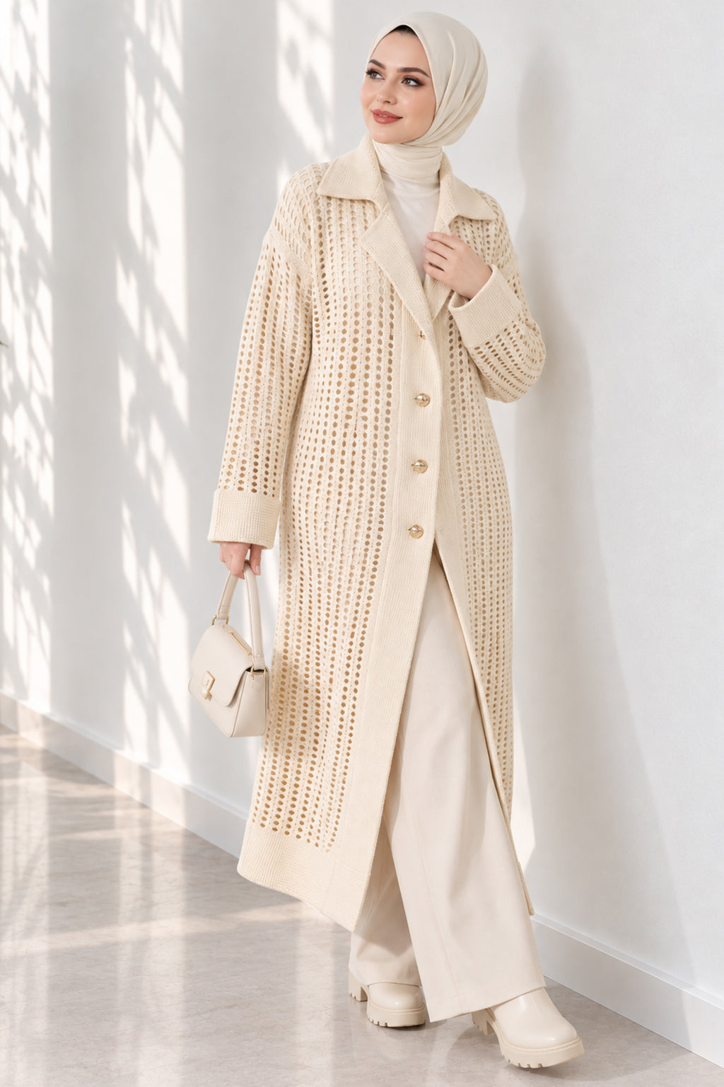 Openwork Button Detailed Knit Cardigan Beige