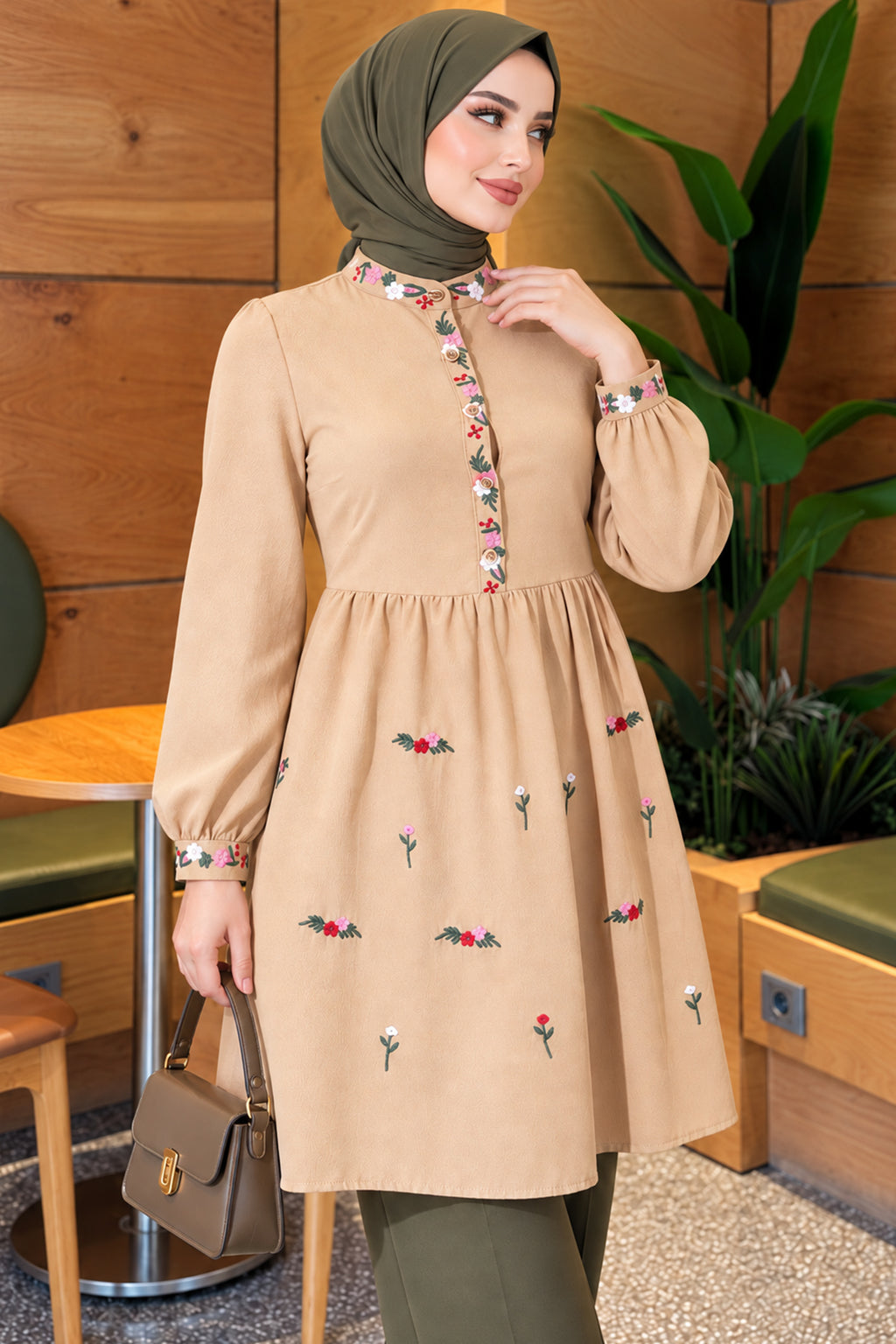 Front Embroidered Half Button Tunic Black
