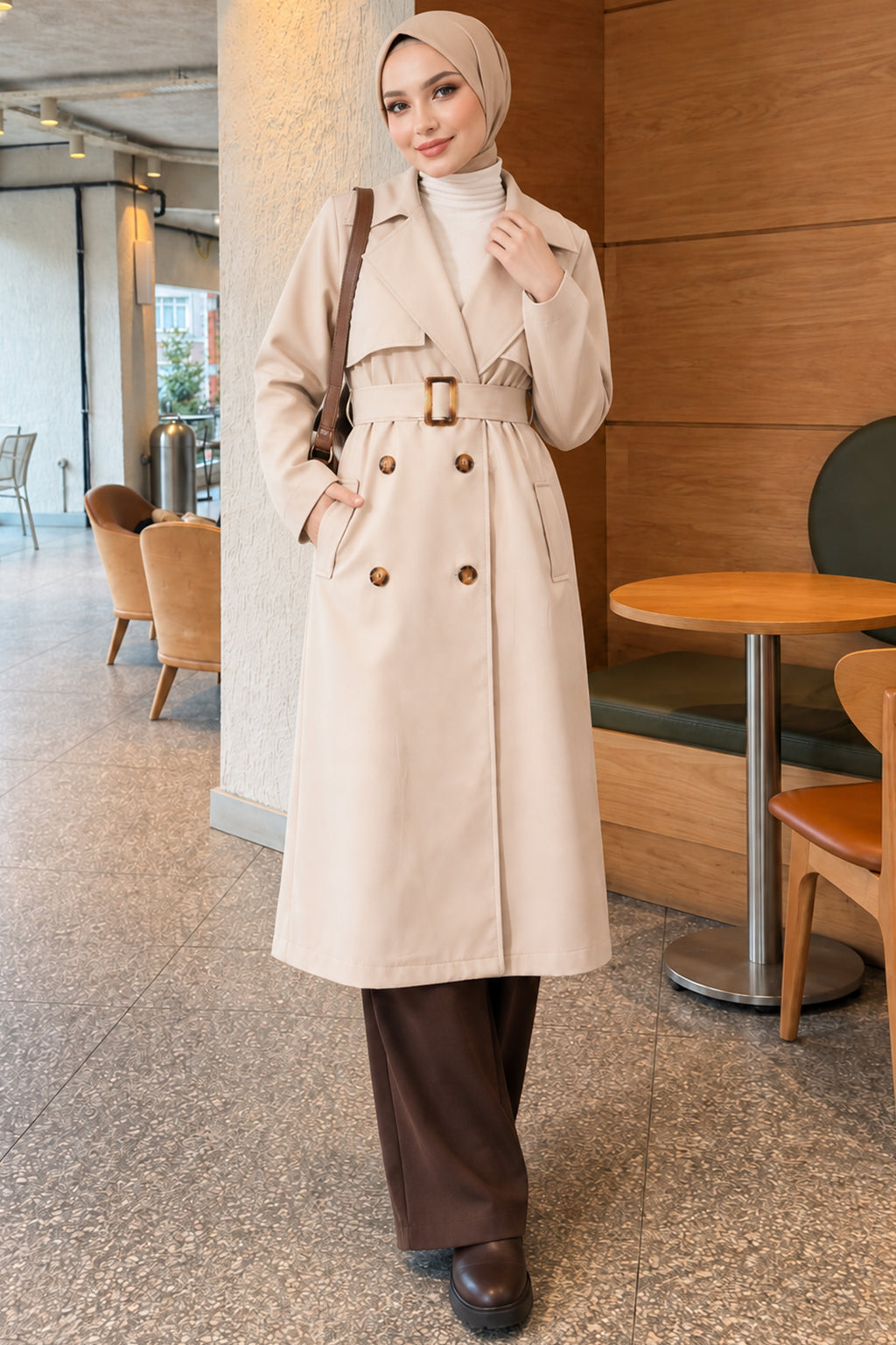 Cross Collar Pocketed Belted Trenchcoat Beige