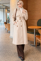 Cross Collar Pocketed Belted Trenchcoat Beige