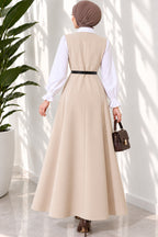Vestido Jile con Cinturón y Cuello Cruzado Beige