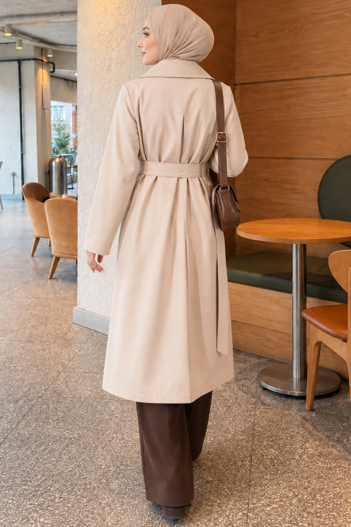 Cross Collar Pocketed Belted Trenchcoat Beige