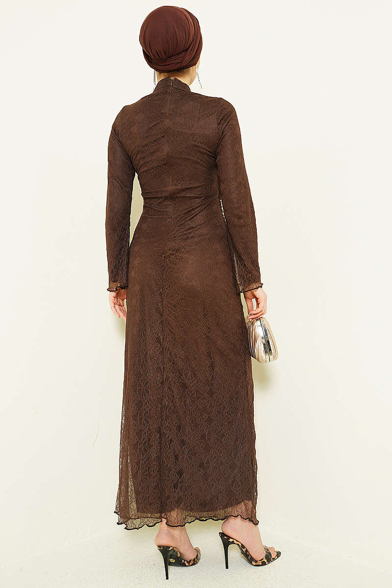 Bel Büzgülü Dantelli Tül Abiye Elbise