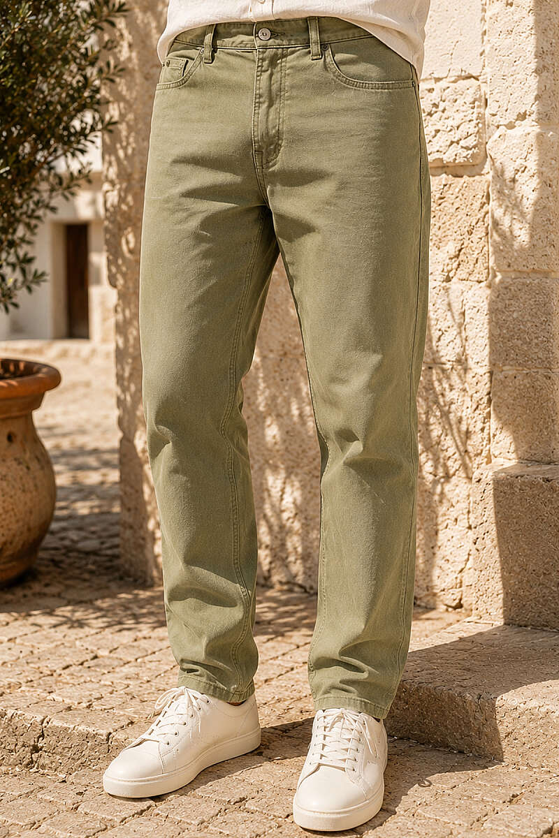 Bel Düğmeli Gabardin Baggy Erkek Pantolon Haki