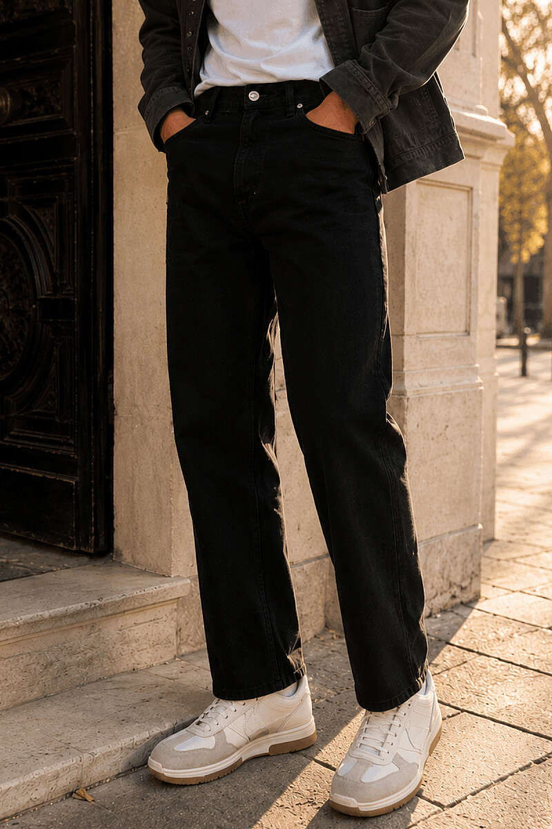 Bel Düğmeli Gabardin Baggy Erkek Pantolon Siyah