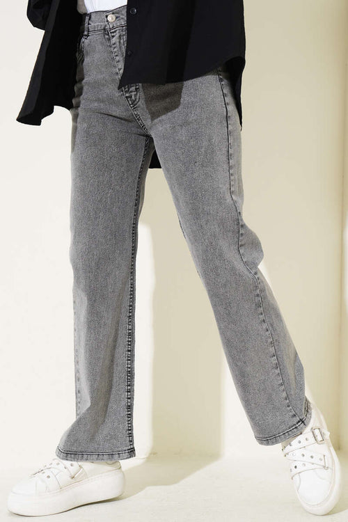 Bel Düğmeli Geniş Paça Kot Pantolon