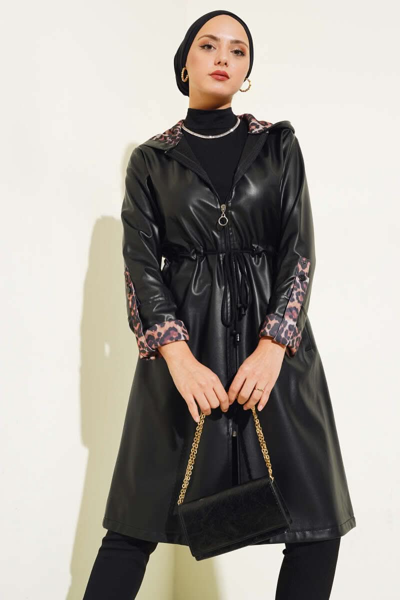 Bel Fermuarlı Kapüşonlu Deri Trençkot