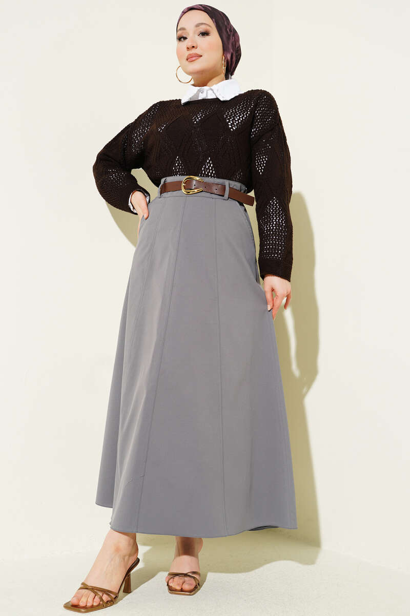 Bel Fermuarlı Kemerli Dikişli Etek Gri
