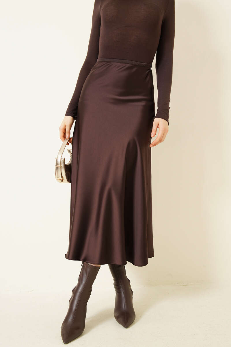 Bel Fermuarlı Saten Midi Etek