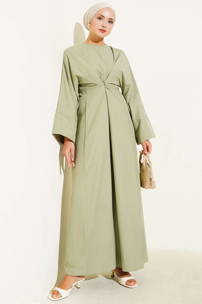 Bel İpli Oversize Basic Elbise Çağla Yeşili