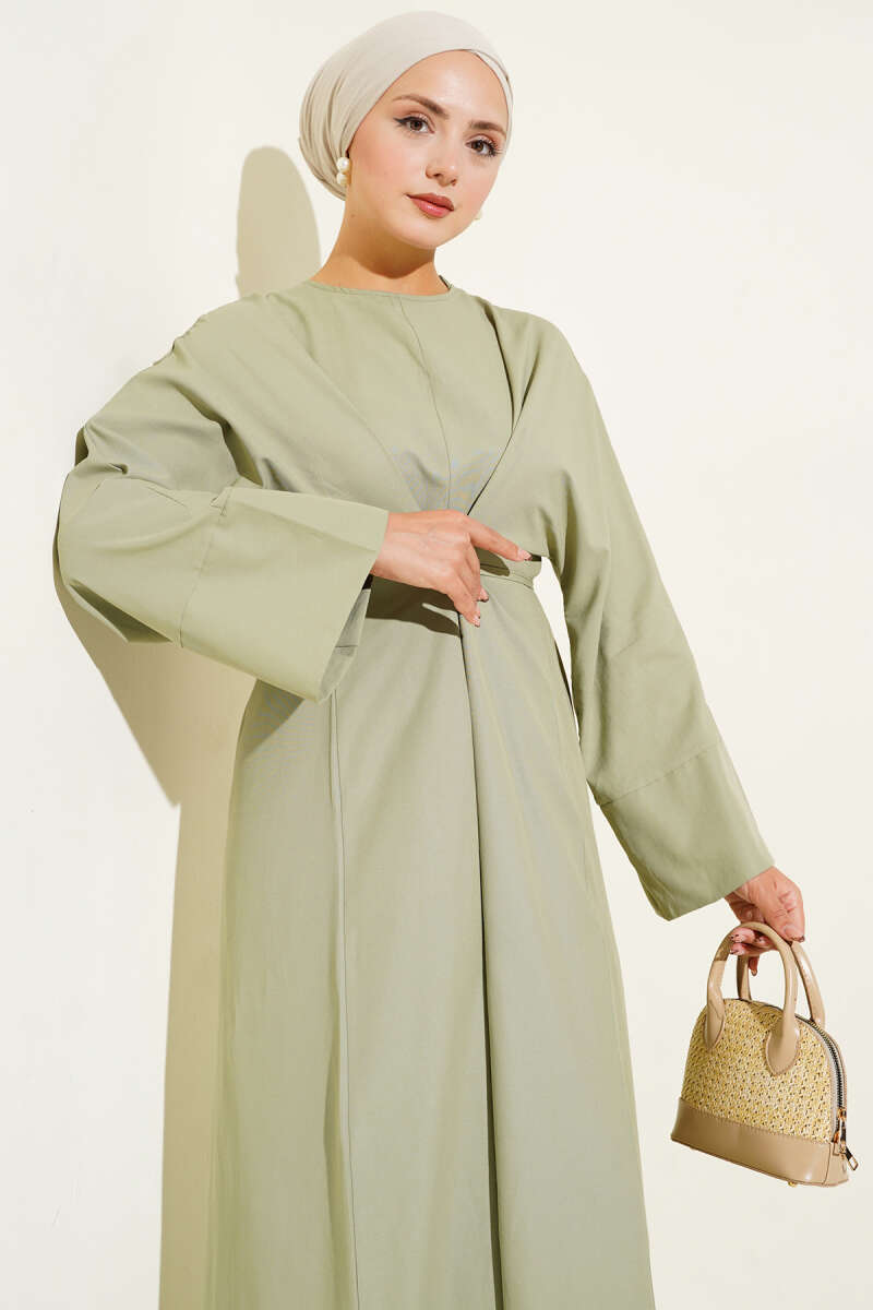 Bel İpli Oversize Basic Elbise Çağla Yeşili