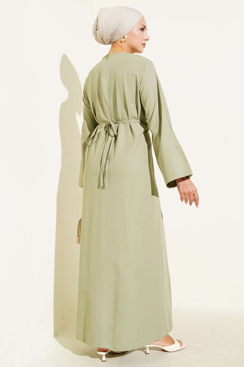 Bel İpli Oversize Basic Elbise Çağla Yeşili