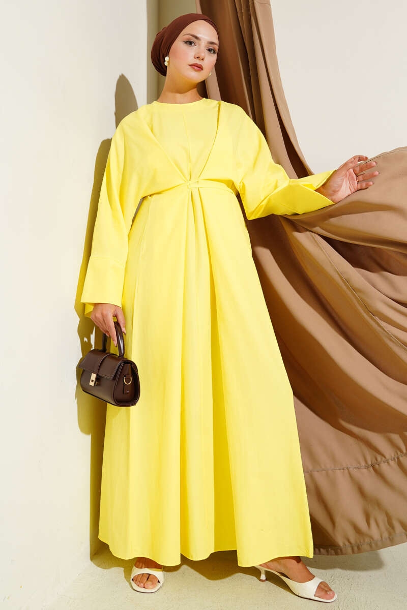 Bel İpli Oversize Basic Elbise Sarı
