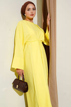 Bel İpli Oversize Basic Elbise Sarı