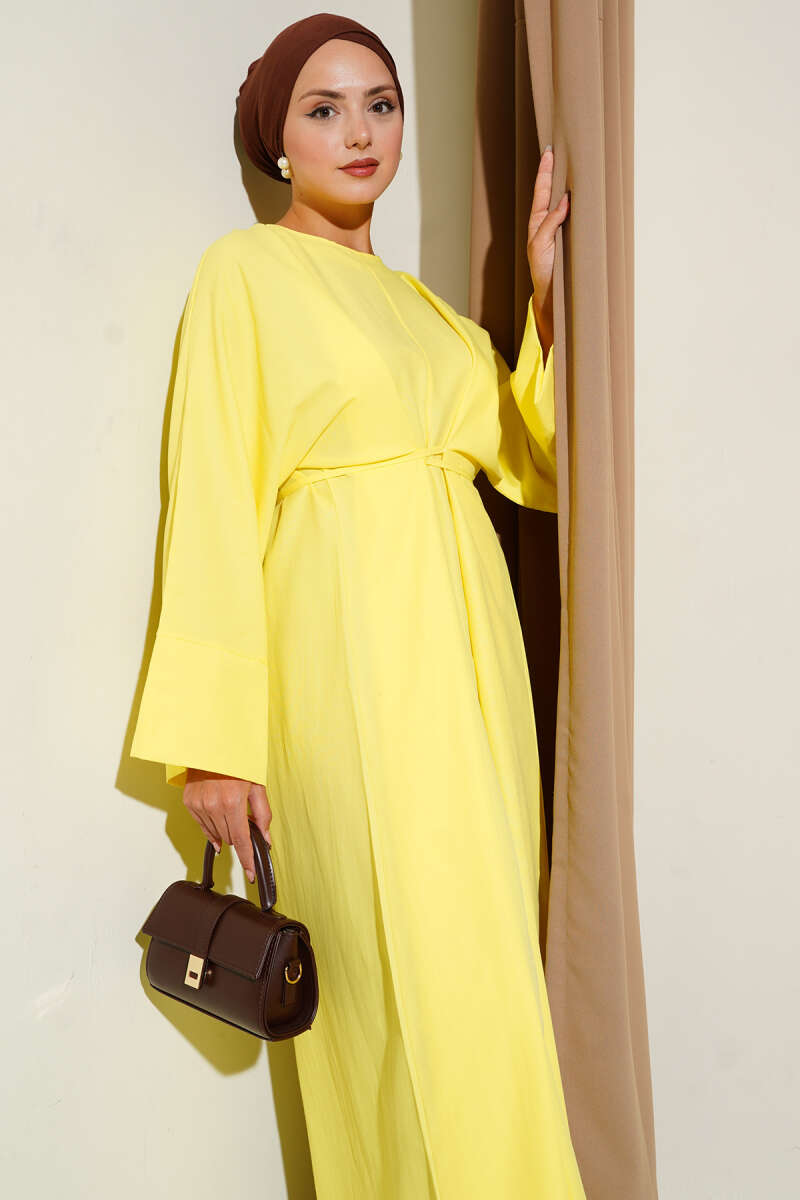 Bel İpli Oversize Basic Elbise Sarı