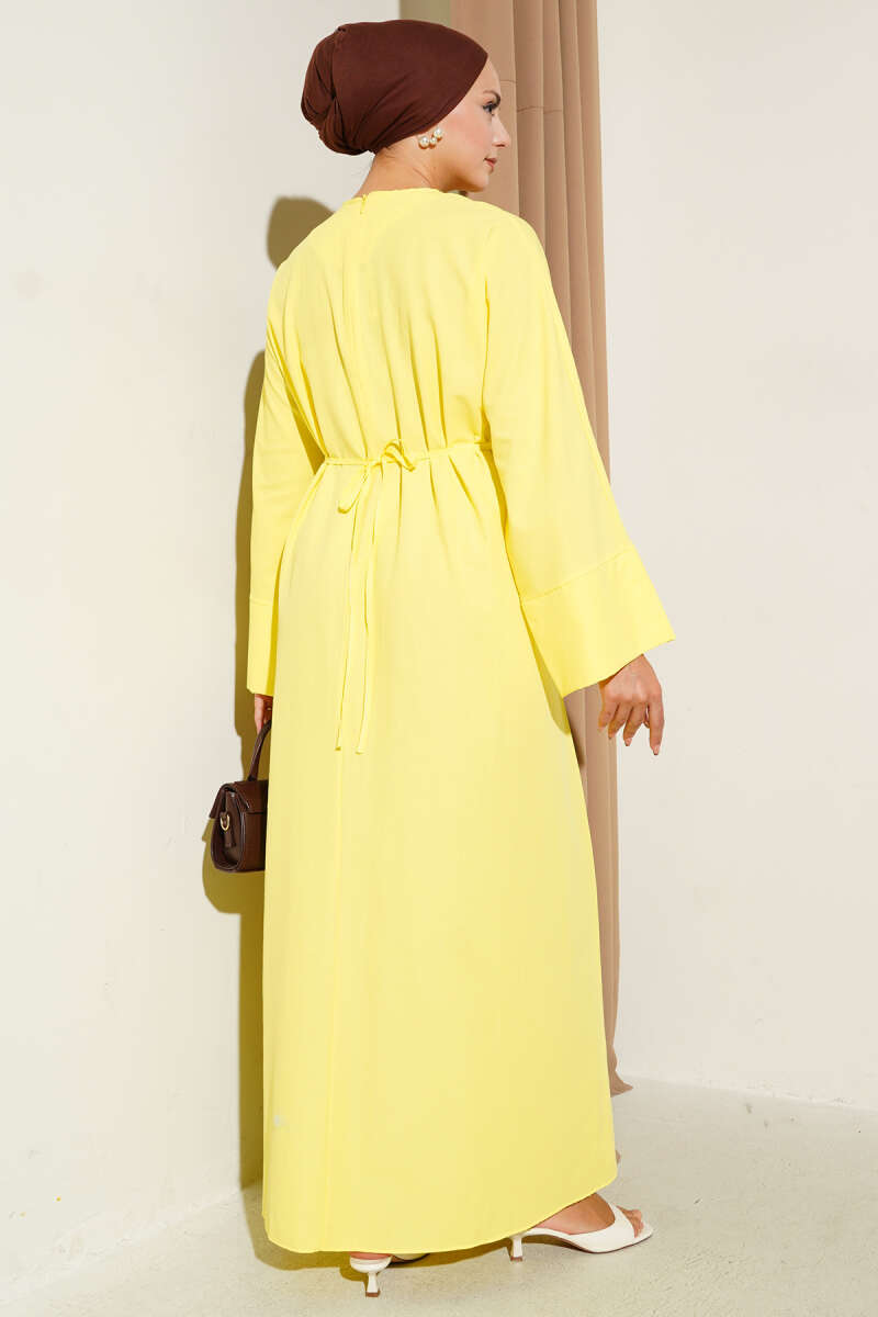Bel İpli Oversize Basic Elbise Sarı
