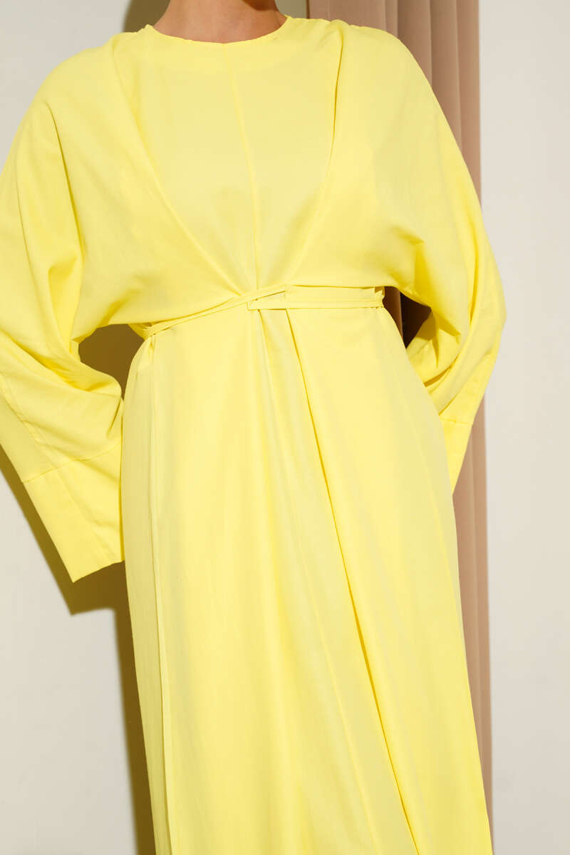 Bel İpli Oversize Basic Elbise Sarı