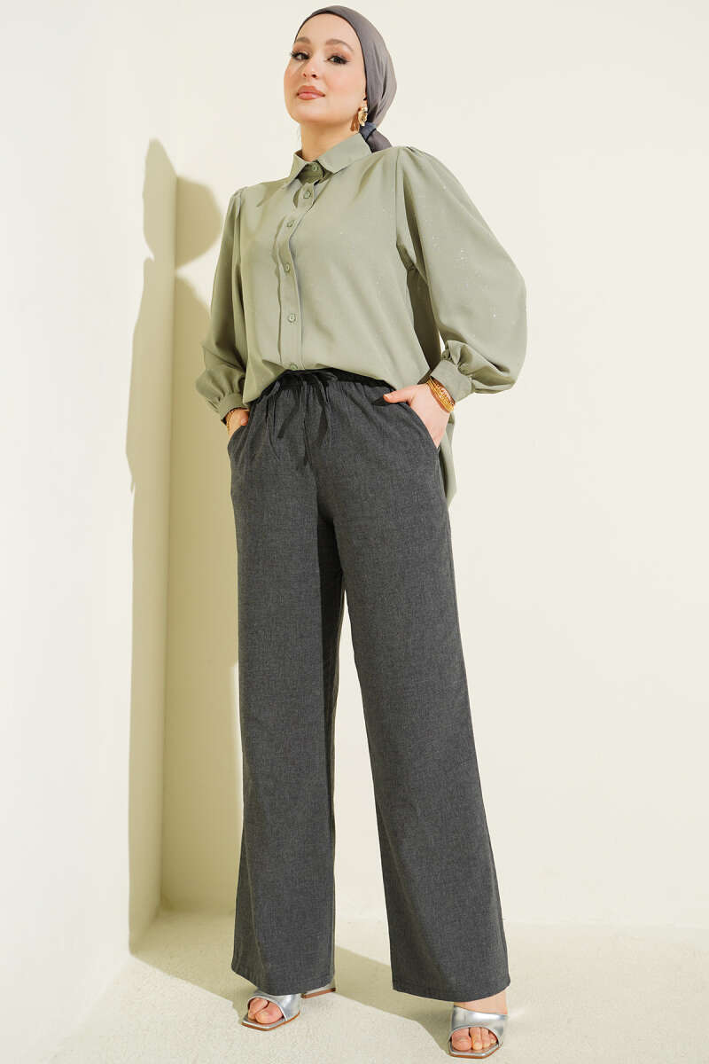 Bel Lastikli Bağcıklı Geniş Paça Pantolon