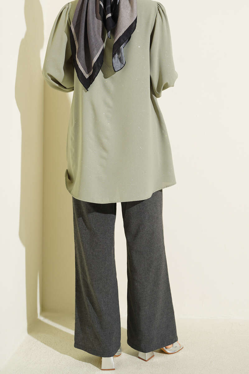 Bel Lastikli Bağcıklı Geniş Paça Pantolon