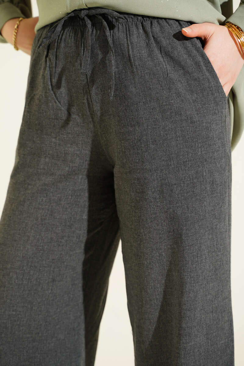 Bel Lastikli Bağcıklı Geniş Paça Pantolon