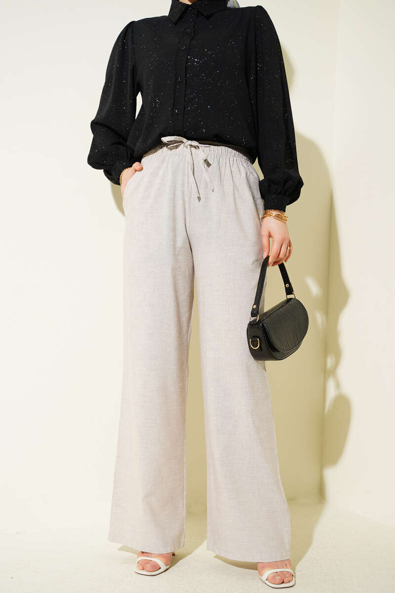 Bel Lastikli Bağcıklı Geniş Paça Pantolon