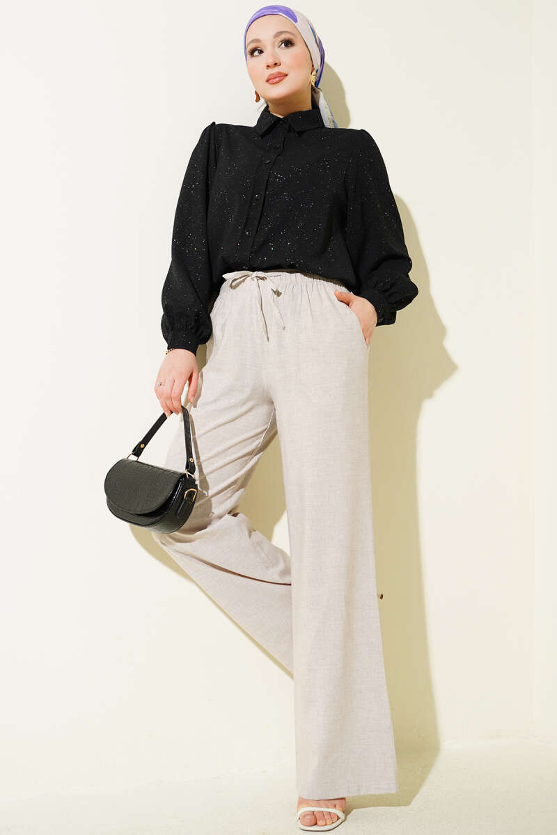 Bel Lastikli Bağcıklı Geniş Paça Pantolon