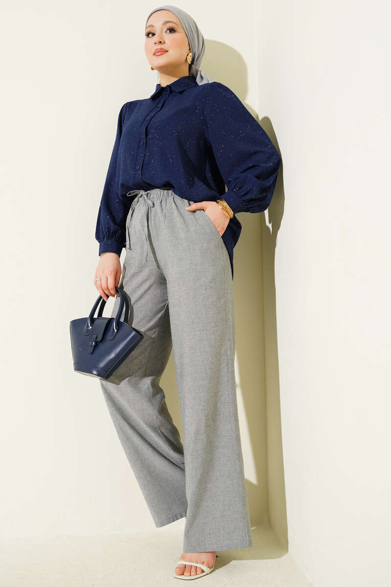 Bel Lastikli Bağcıklı Geniş Paça Pantolon