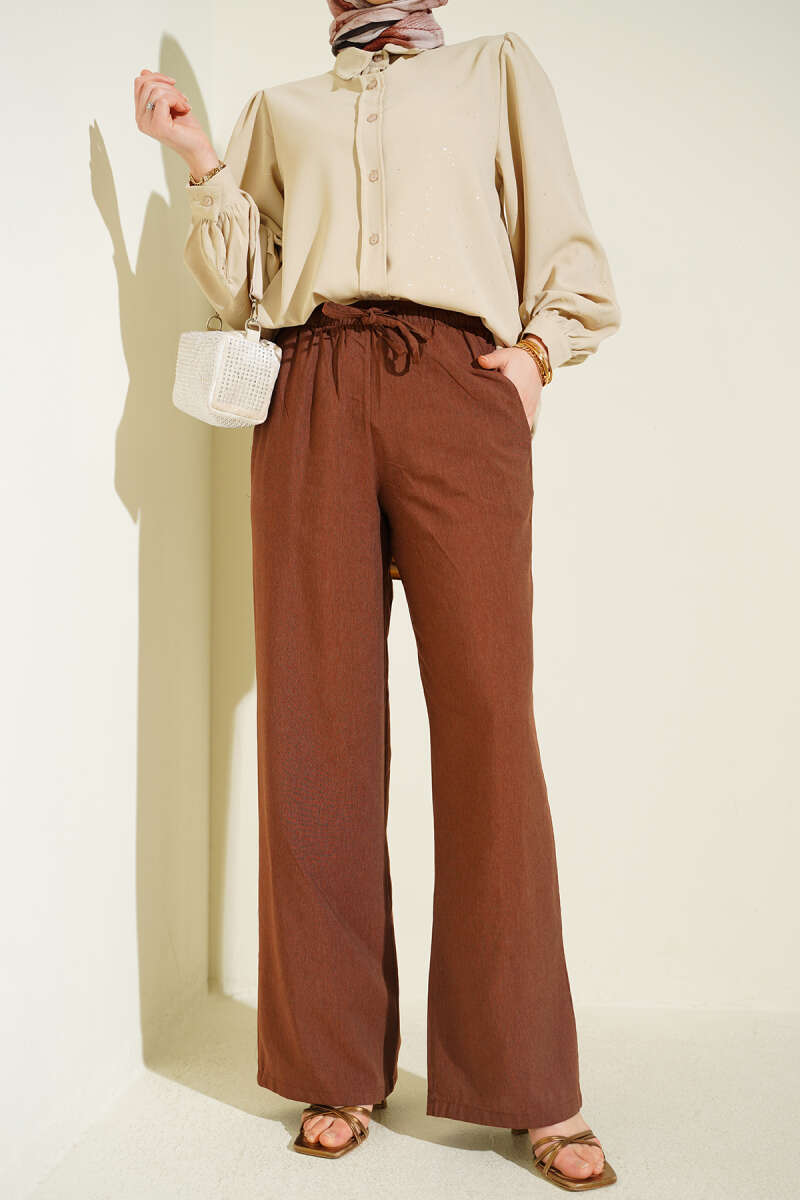 Bel Lastikli Bağcıklı Geniş Paça Pantolon