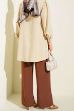 Bel Lastikli Bağcıklı Geniş Paça Pantolon