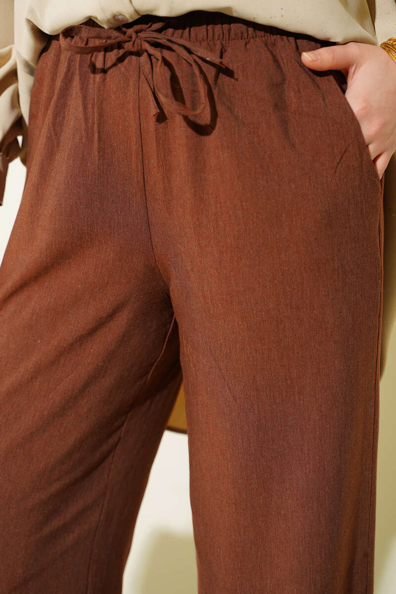 Bel Lastikli Bağcıklı Geniş Paça Pantolon