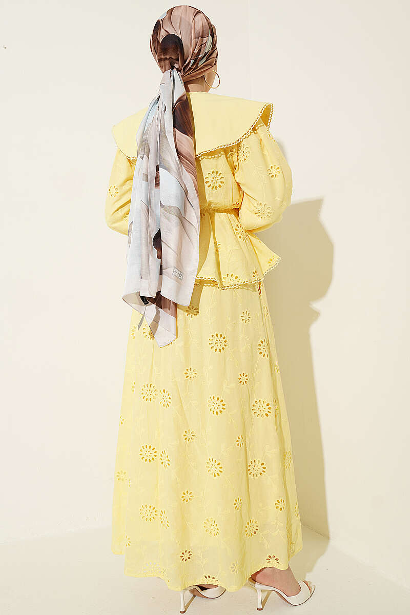 Bel Lastikli Bebe Yaka Brodeli Etekli Takım Sarı