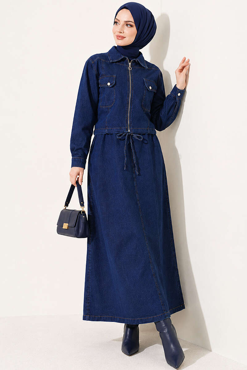Belt Elastic Waist Jacket and Denim Jumpsuit Set Light Blue