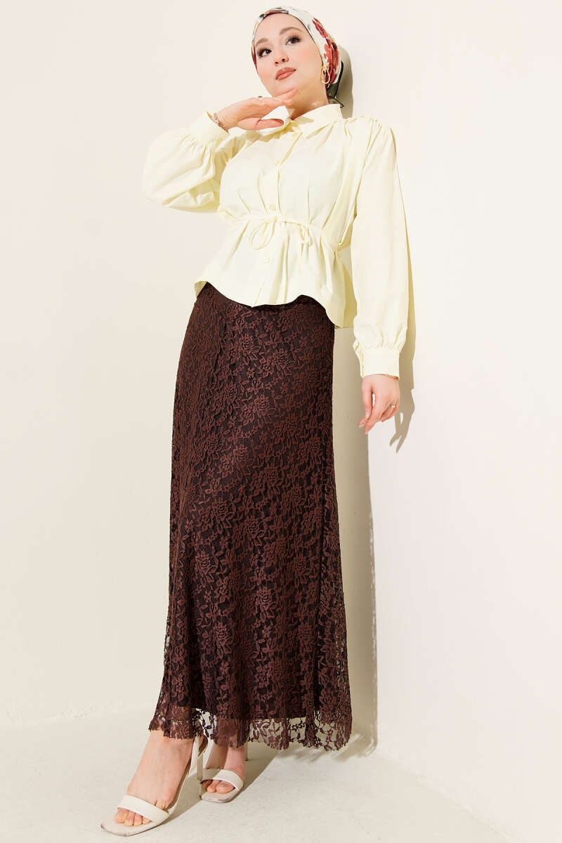 Bel Lastikli Dantelli Kloş Etek
