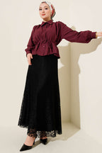 Bel Lastikli Dantelli Kloş Etek Siyah