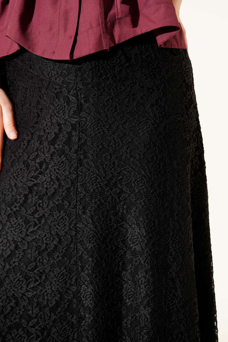 Bel Lastikli Dantelli Kloş Etek Siyah