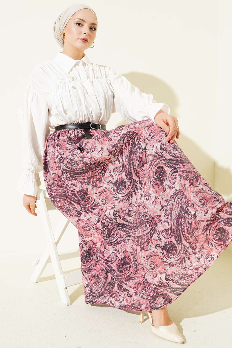 Bel Lastikli Desenli Kemerli Etek