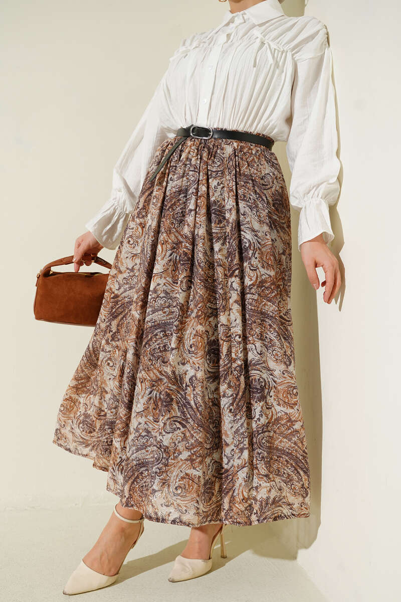 Bel Lastikli Desenli Kemerli Etek